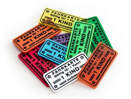 Wertchip 57 x 26 mm mit Standardtexten Fahrchips | Fahrkarte Gütlig für 1 Fahrt - 1 KIND - nicht zurückzahlbar